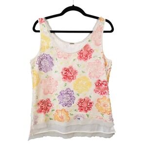 Elie Tahari Womens White Floral Sequin Tank Top Silk Trim Medium